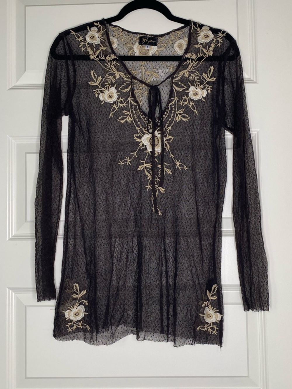 Boho Tie-Neck Sheer Tunic with Cream Floral Embroidery